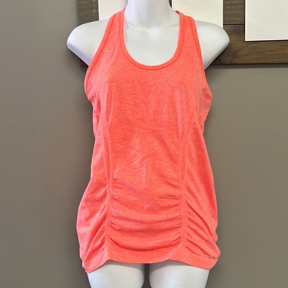 Athleta Heather Bright Orange Razorback Tank Top Vertical Rouging Stripes-Med